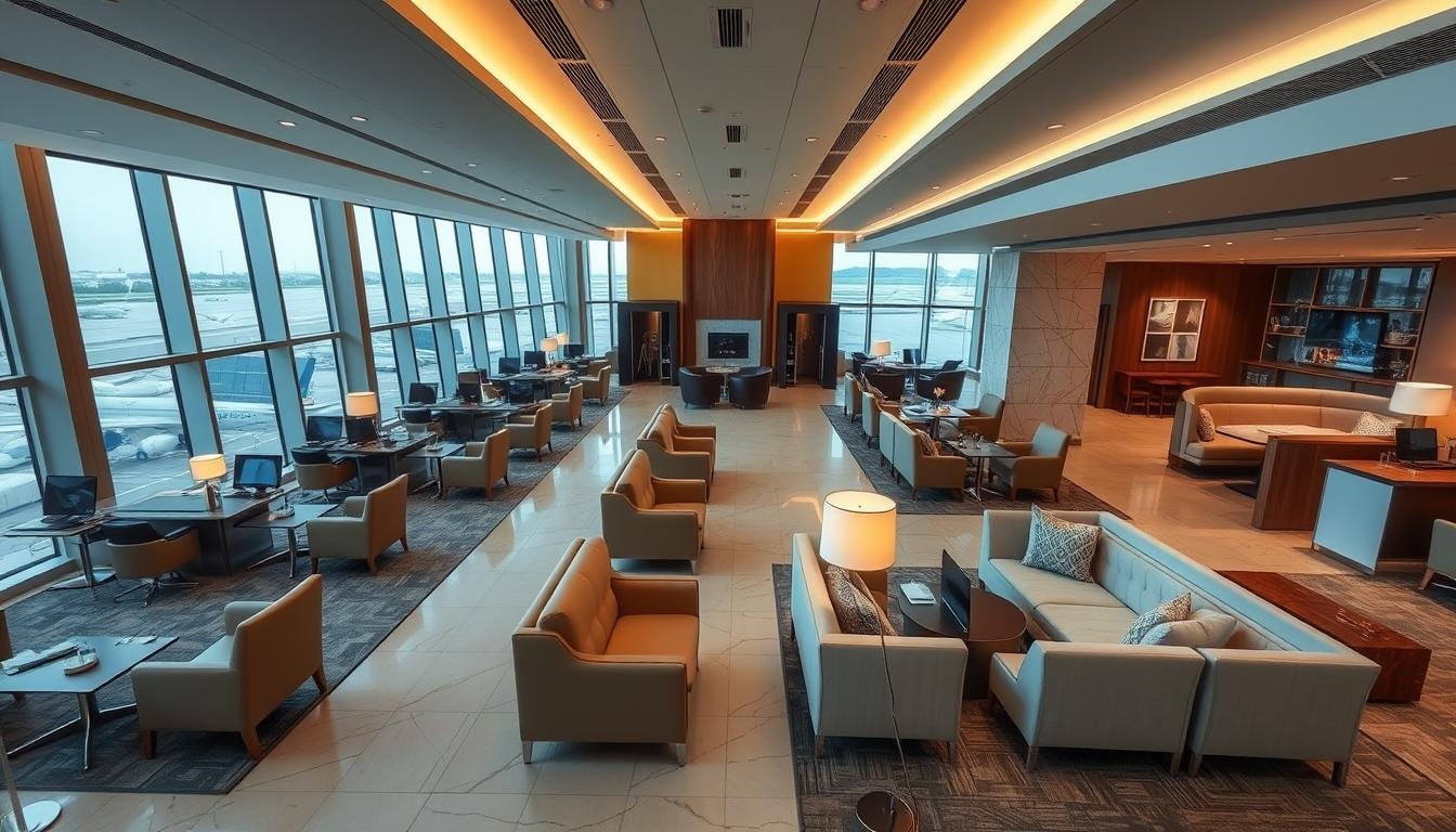 High-end airport lounge with luxurious hotel-style amenities. Spacious, well-lit interior with plush seating areas, modern furniture, and warm lighting. Neutral color palette with accents of wood and marble. Business workstations, private napping suites, and high-end dining options. Panoramic views of the airport tarmac through floor-to-ceiling windows. Elegant and serene atmosphere, catering to the needs of discerning travelers. Shot from an angle that captures the scale and grandeur of the space.