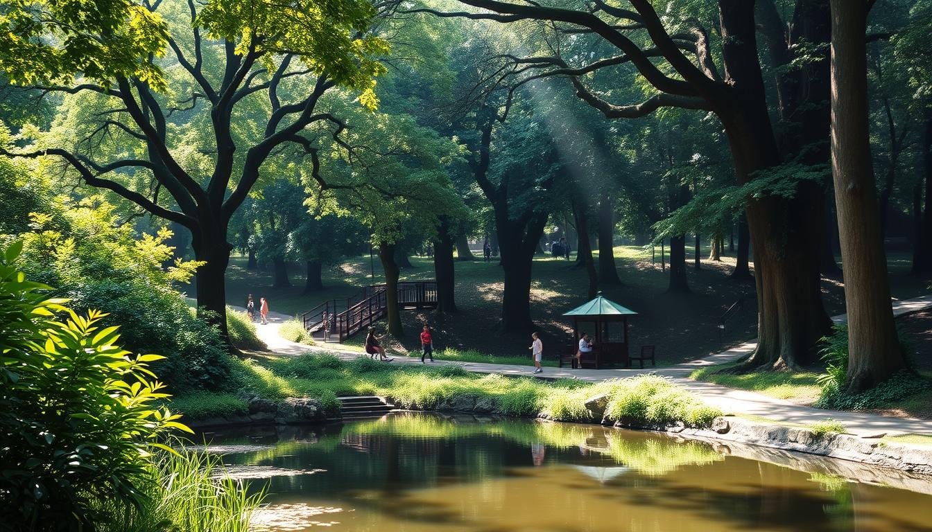 Kowloon Park: A Verdant Oasis of Nature and Family Fun A lush, verdant landscape unfolds, with towering trees casting gentle shadows upon the winding pathways. In the foreground, a serene pond reflects the surrounding foliage, inviting visitors to pause and take in the tranquil atmosphere. Children's laughter echoes through the park, as they explore the play areas and interact with the diverse wildlife. Sunlight filters through the canopy, illuminating the vibrant colors of the flora and the serene ambiance. Capture the essence of this urban sanctuary, where nature and family-friendly activities seamlessly coexist, creating a haven for all to enjoy.