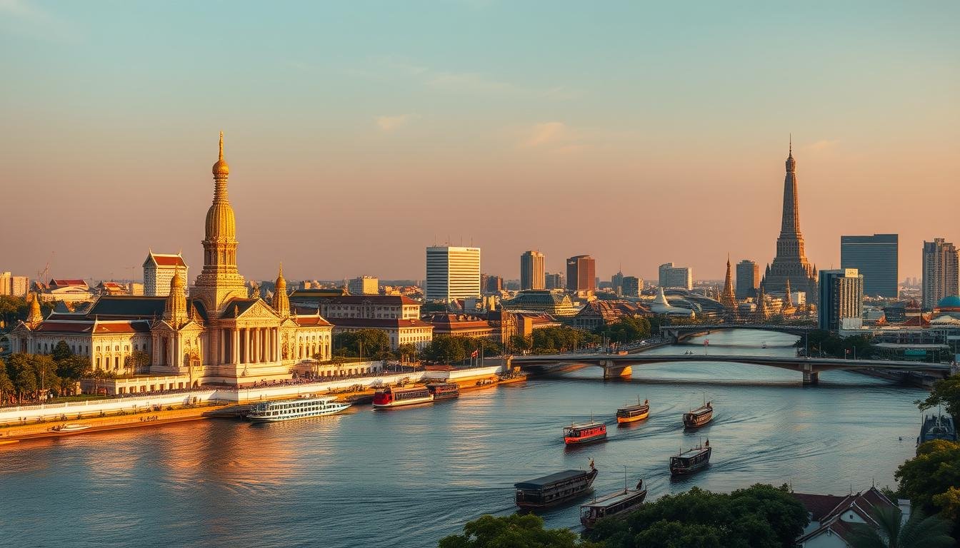Scenic cityscape of Bangkok's iconic landmarks, meticulously detailed in a panoramic wide-angle shot. The magnificent Grand Palace and Wat Phra Kaew stand tall in the foreground, their ornate architecture and gilded spires glimmering in the warm, soft lighting of the golden hour. In the middle ground, the serene Chao Phraya River flows peacefully, with traditional long-tail boats and contemporary skyscrapers lining its banks. The background features the towering Wat Arun temple, its distinctive prang silhouetted against a vibrant, hazy sky. The overall composition evokes a sense of grandeur, history, and cultural richness, capturing the essence of Bangkok's most iconic sights in a breathtaking, photorealistic rendering.