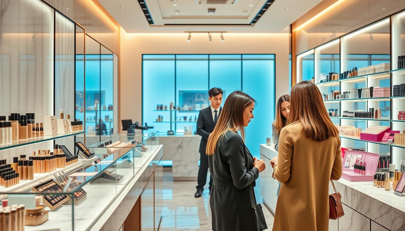 Showcase a vibrant retail space showcasing the latest Marina K.C cosmetic collection. Capture the inviting atmosphere with warm lighting illuminating the sleek glass display cases and elegant marble countertops. Customers browse the meticulously arranged selection of high-end makeup and skincare products, their expressions of focused contemplation as they explore the offerings. In the background, a professional sales associate stands ready to guide them through the luxurious purchasing experience, ensuring each visitor leaves feeling pampered and well-informed about the brand's craftsmanship and quality. Showcase a vibrant retail space showcasing the latest Marina K.C cosmetic collection. Capture the inviting atmosphere with warm lighting illuminating the sleek glass display cases and elegant marble countertops. Customers browse the meticulously arranged selection of high-end makeup and skincare products, their expressions of focused contemplation as they explore the offerings. In the background, a professional sales associate stands ready to guide them through the luxurious purchasing experience, ensuring each visitor leaves feeling pampered and well-informed about the brand's craftsmanship and quality.