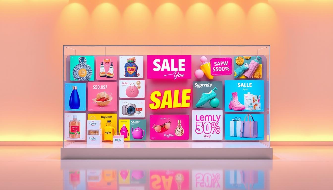Vibrant and eye-catching promotional display featuring an array of colorful product images, enticing discounts, and attention-grabbing sale tags. Set against a clean, minimalist background with warm lighting to create a sense of excitement and urgency. Sleek, modern design with a harmonious balance of typography, graphics, and product photography that instantly grabs the viewer's attention. Crisp, high-resolution rendering with a sharp focus and a polished, professional aesthetic that conveys the allure of a tempting sale or special offer.
