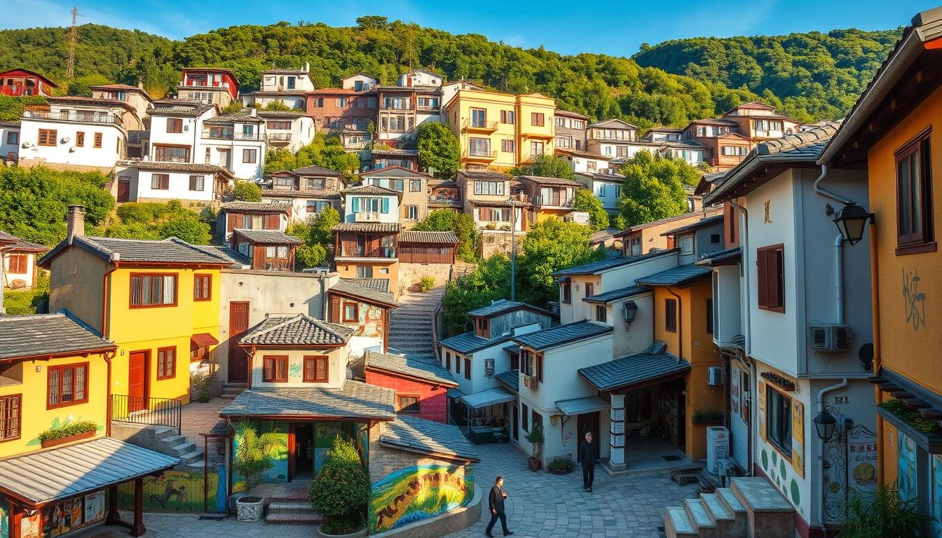 Vibrant seaside village nestled in the picturesque Korean countryside, Gamcheon Culture Village. Charming houses cascading down the hillside, adorned with colorful murals and intricate alleyways. Capture the essence of this photogenic locale - warm sunlight filtering through the narrow streets, local residents going about their daily lives. Include a wide-angle perspective to showcase the village's unique architecture and layout, framed by lush greenery in the background. Emphasize the village's unique character and artistic flair, creating an inviting and atmospheric image that transports the viewer to this enchanting destination. Vibrant seaside village nestled in the picturesque Korean countryside, Gamcheon Culture Village. Charming houses cascading down the hillside, adorned with colorful murals and intricate alleyways. Capture the essence of this photogenic locale - warm sunlight filtering through the narrow streets, local residents going about their daily lives. Include a wide-angle perspective to showcase the village's unique architecture and layout, framed by lush greenery in the background. Emphasize the village's unique character and artistic flair, creating an inviting and atmospheric image that transports the viewer to this enchanting destination.