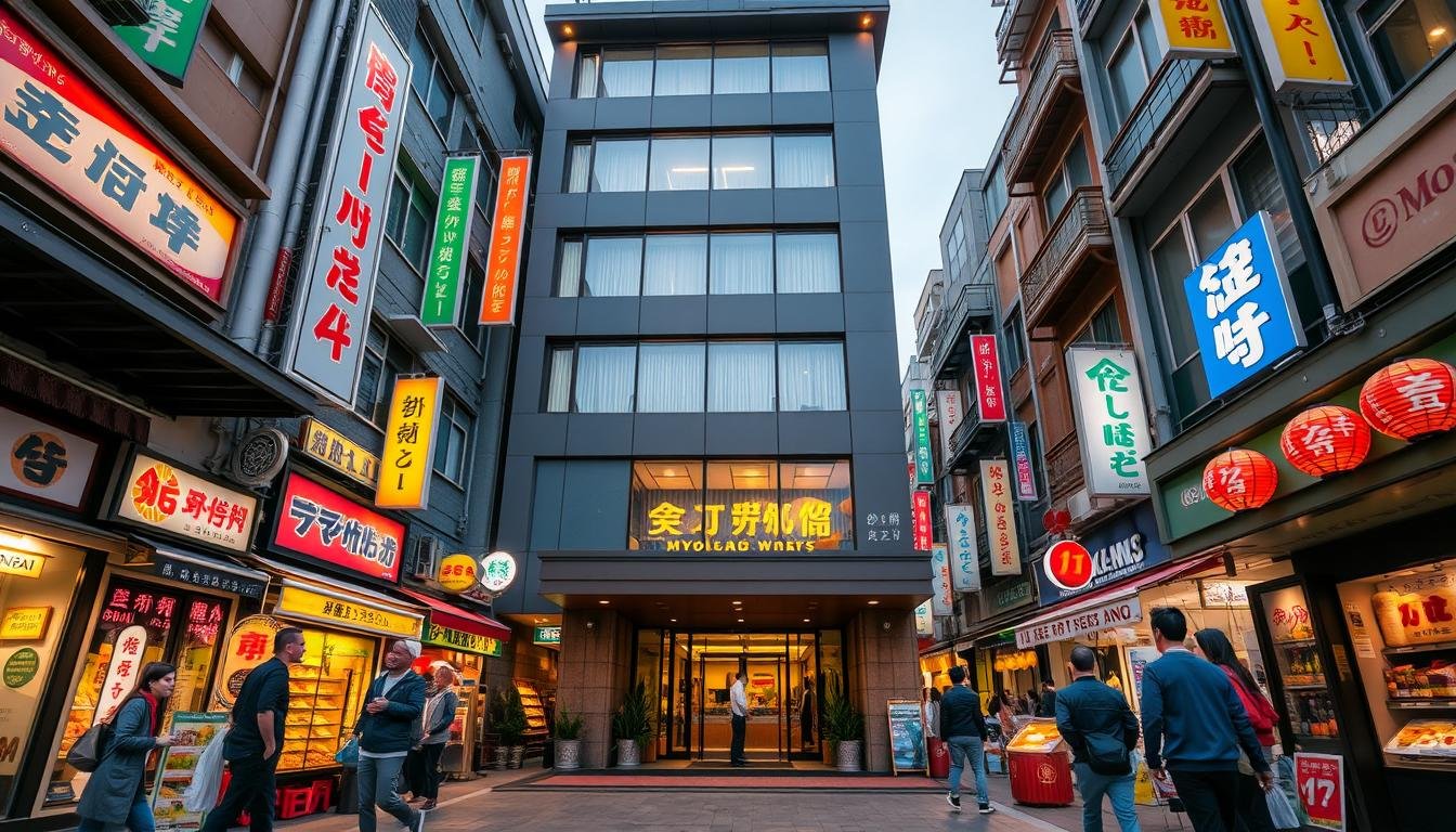 Vibrant street scene of Myeongdong, Seoul's bustling shopping district, with a focus on the bustling family-friendly hotel area. Showcase a modern multi-story hotel facade with a welcoming entrance, surrounded by a lively mix of boutiques, street vendors, and pedestrians. Highlight the cozy, comfortable atmosphere with warm lighting, colorful awnings, and a sense of energy and activity. Capture the unique blend of traditional Korean architectural elements and contemporary design. Frame the scene from an eye-level perspective, conveying the immersive experience of exploring this popular tourist hub. Ensure the image emphasizes the family-friendly nature of the accommodations and the overall appeal of the neighborhood for parents and children.