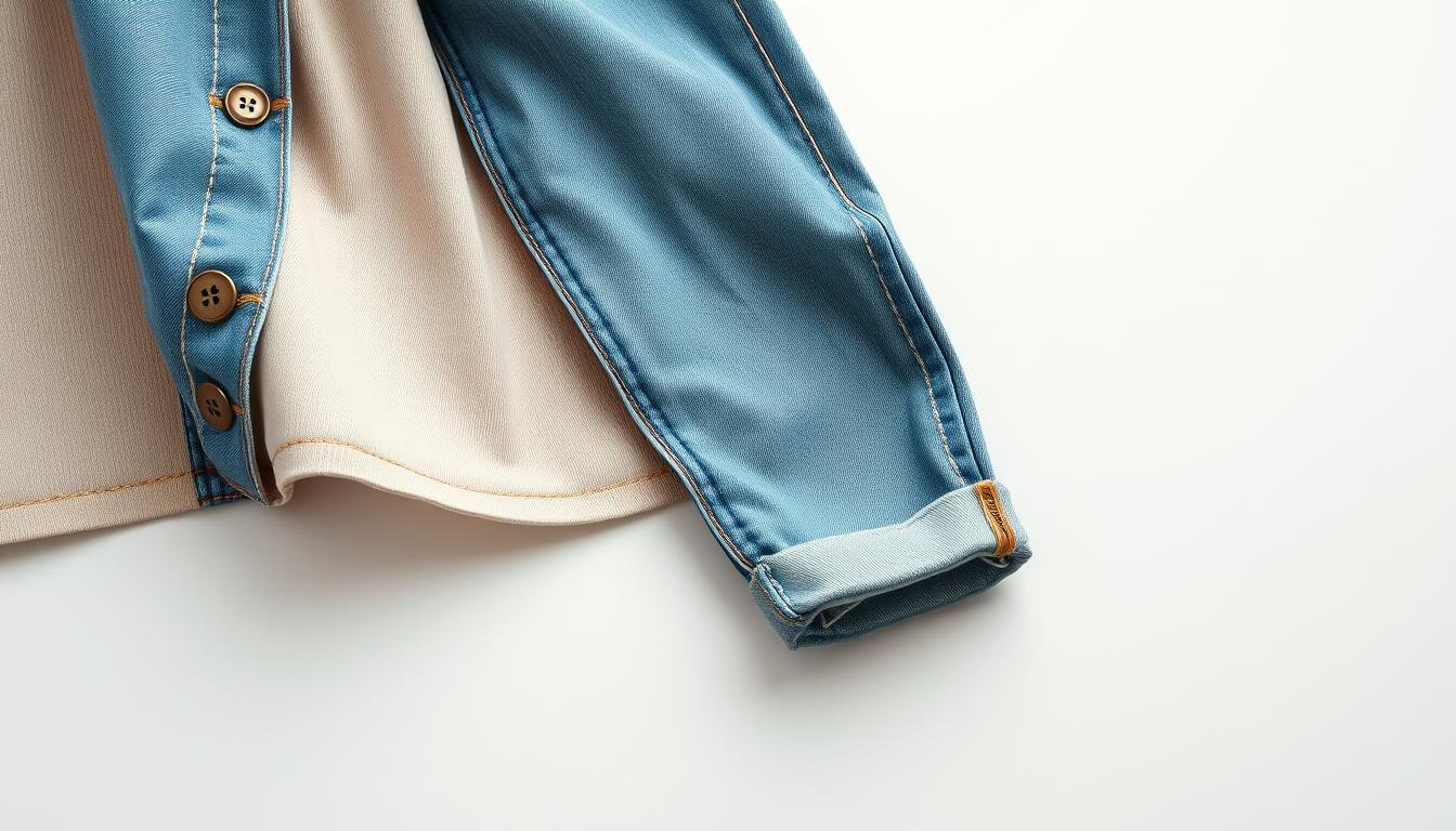 a high-quality, detailed image of a fashionable Korean clothing item, such as a pair of jeans or a top, presented on a plain white background with soft, diffused lighting to highlight the texture and craftsmanship of the garment. The item should be shot from an angle that showcases its design elements and features, with a focus on creating a visually appealing and visually-driven representation of the product.